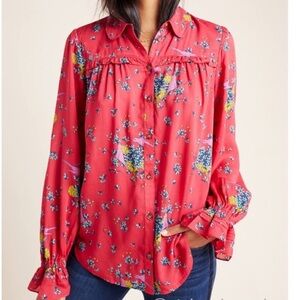 Maeve Women’s Fredericka Red Floral Bird Novelty Print Button down Blouse Sz 0